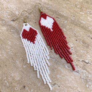 Beaded fringe earrings crimson and white with heart